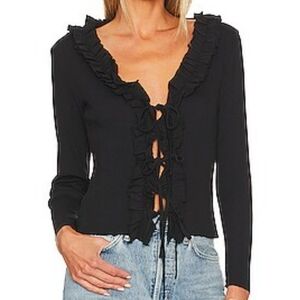 Nation LTD Fanny Ruffle Black Tie-Front Long Sleeve Ribbed Top Jet Black Size L